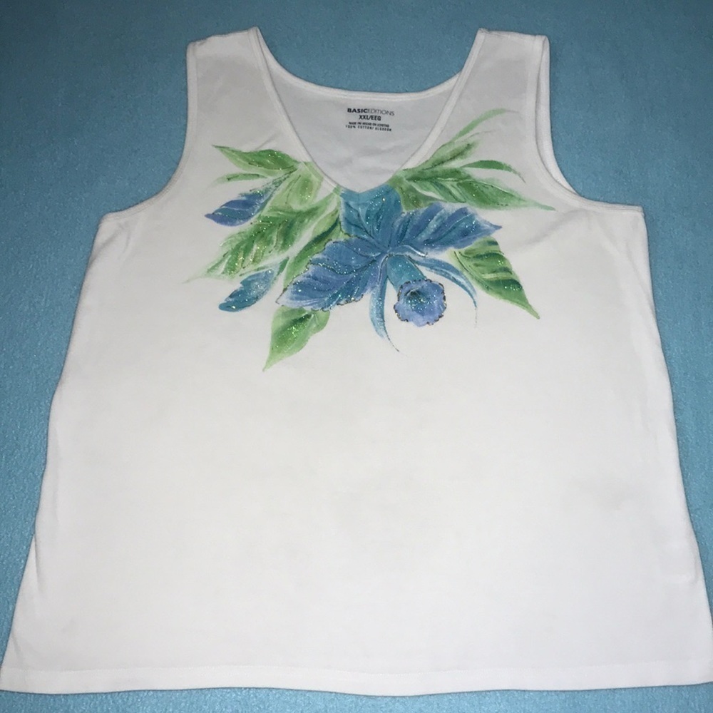 BASIC EDITIONS floral and glitter v-neck tank top size XXL